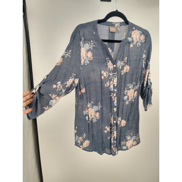 Chico's Blouse Top 1 M Floral Print Button Front Tab Sleeve Boho Blue Peach - Picture 3 of 9